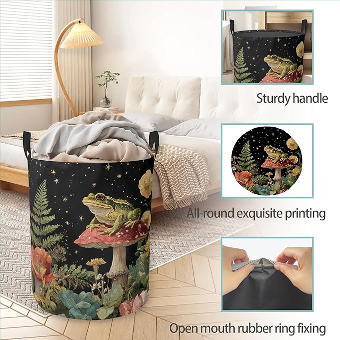 Starry Sky Frog Mushroom Round Laundry Basket Collapsible Laundry Hamper with Handles Toys Clothes Organizer Bin For Home Bathroom Bedroom Dorm Nursery