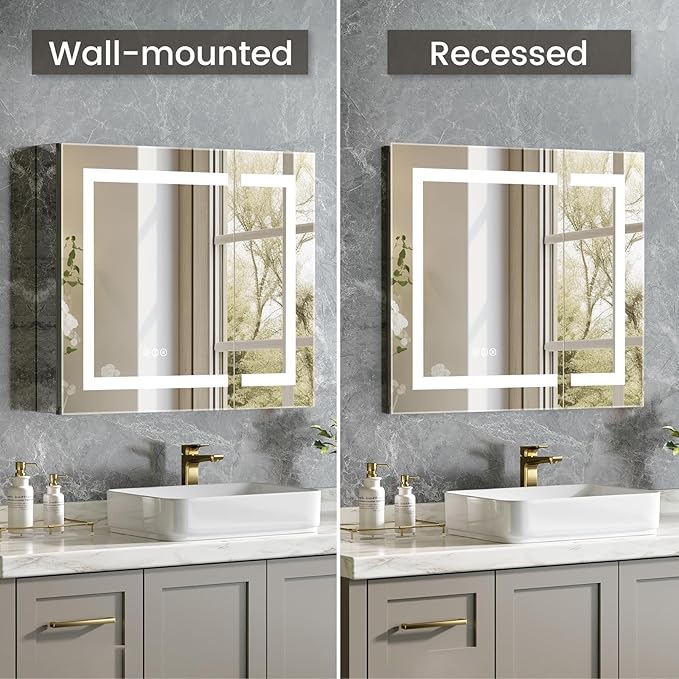 24x26 Inch Bathroom Medicine Cabinet with Mirror, Lighted Bathroom Mirror with Storage, Recessed /Surface Mount Medicine Cabinet with Socket & USB, Anti-Fog, 3 Colors Temperature, Dimmable Light