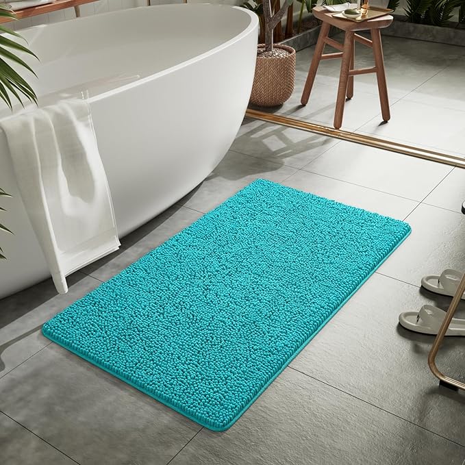LOCHAS Luxury Bathroom Rug Shaggy Bath Mat 24 x 44 Inch, Washable Non Slip Bath Rugs for Bathroom Shower, Soft Plush Chenille Absorbent Carpets Mats, Teal Blue