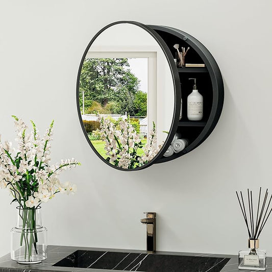 TokeShimi 20 x 20 Round Medicine Cabinet with Mirror, Black Circle Medicine Cabinet for Bathroom with Metal Frame, Detachable Shelves, Shatterproof, Surface Mount Only