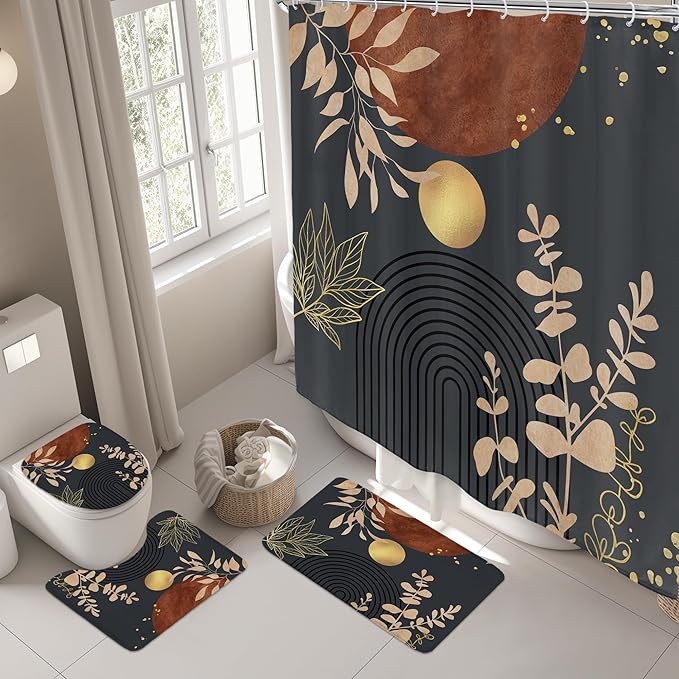 Riyidecor Mid Century Boho 4Pcs Bathroom Shower Curtain Sets Abstract Aesthetic Sun Modern Bathroom Decor Set with Rugs and Accessories Minimalist Toilet Lid Rug, Contour and Bath Mat with 12 Hooks