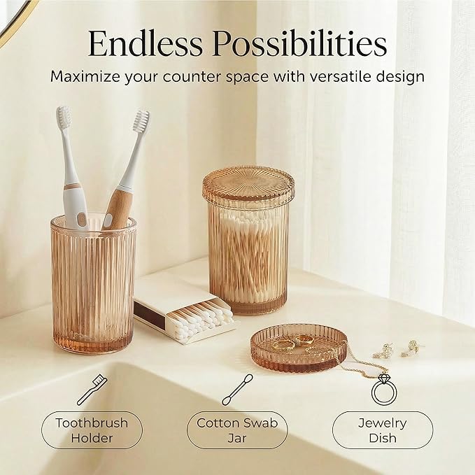New Hensoar 3 Pcs Brown Bathroom Accessories Set, Glass Bathroom Set Include Soap Dispenser, Toothbrush Holder, Jewelry Tray for Modern Bathroom Decor, Housewarming Gift Set