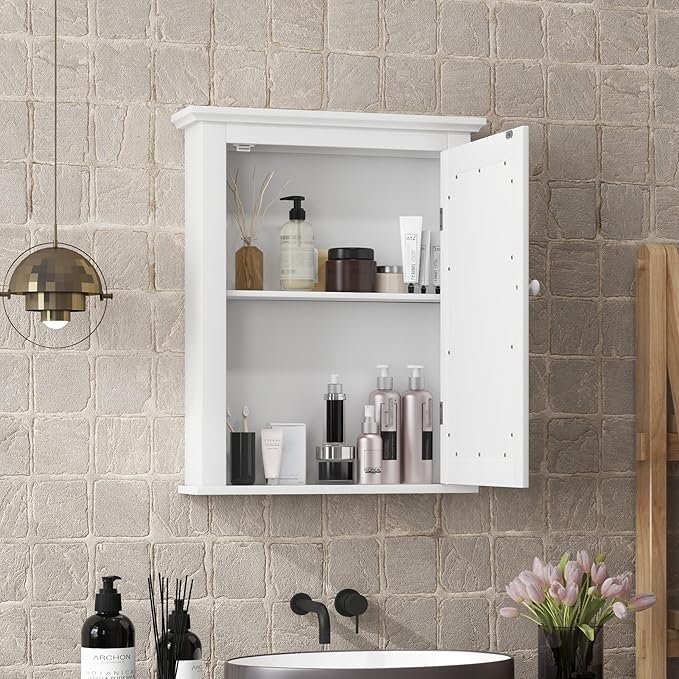 COSTWAY Bathroom Medicine Cabinet with Mirror, Wall-Mounted Storage Cabinet Organizer with 5-Position Adjustable Shelf, Hanging Bathroom Wall Cabinet for Living Room Bedroom Entryway (White)
