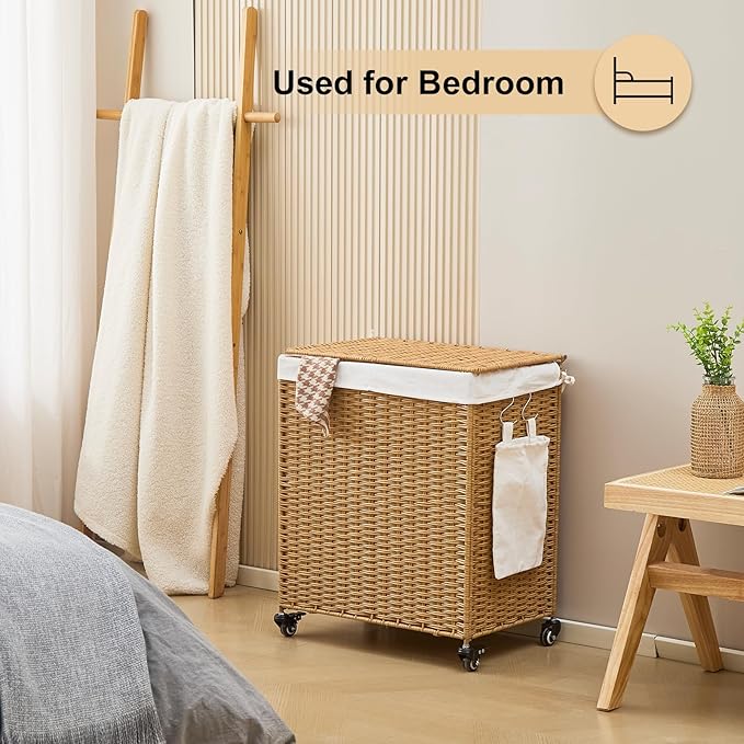 Handwoven Hamper with Lid, Laundry Basket with Wheels, Machine Washable Liner, 2 Section Clothes Hamper for Bathroom Laundry Room Bedroom, Rattan, 125L