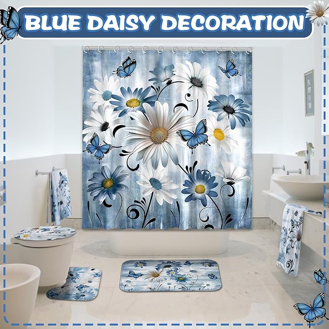 FuWeave 8 Pcs Rustic Farmhouse Shower Curtain Sets for Bathroom Daisy Floral and Butterfly Shower Curtain Sets with Rugs, Flowers Towels, Non-Slip Rug, Toilet Lid Cover, Bath Mat and 12 Hooks (Blue)