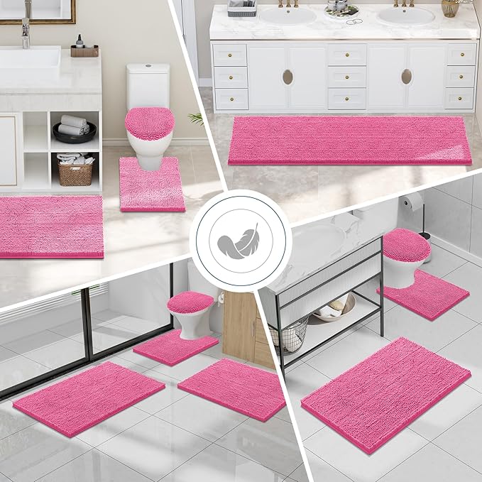 Smiry Luxury Chenille Bathroom Rugs 47x17, Extra Soft and Absorbent Shaggy Bath Mat, Machine Washable, Non-Slip Plush Carpet Runner for Tub, Shower, and Floor, Home Decor Accessories, Hot Pink