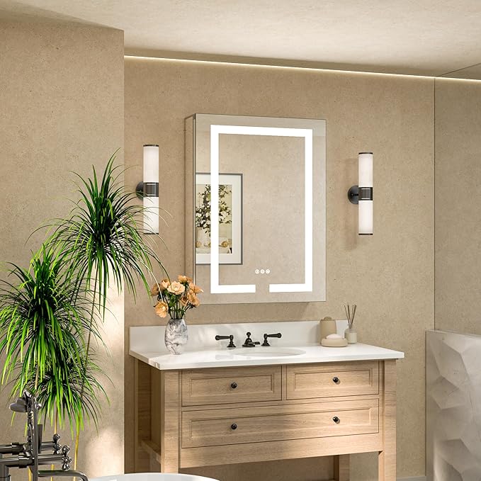 TETOTE 24 x 32 LED Lighted Medicine Cabinet with Lights & Outlets & USB, Recessed or Surface Mount Medicine Cabinet Mirror for Bathroom with Storage, Tempered Glass, 3-Color Dimming, Adjustable Shelf