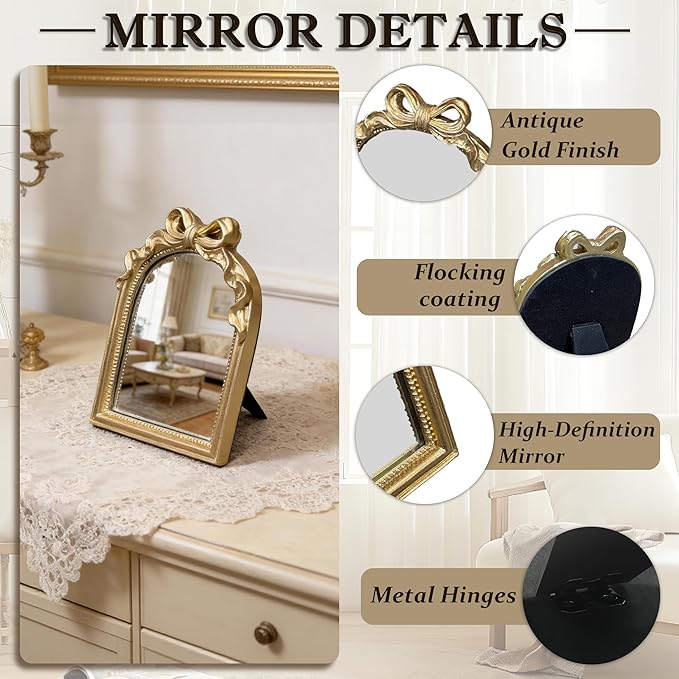 Vintage Carved Resin Desk Mirror - 8x6 Inch Decorative Vanity Mirror for Makeup, Dorm, Bedroom & Tabletop Deco (Bow Gold, 8" L x 6" W)