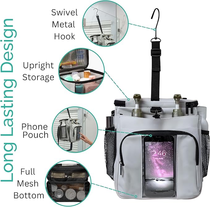 TERRA HOME Portable Shower Caddy Bag- Large Capacity, Quick Dry with Metal Hook - Hanging Shower Bag - Breathable Mesh Toiletry Shower Tote for Gym and College Dorm (Grey, Extra Large)