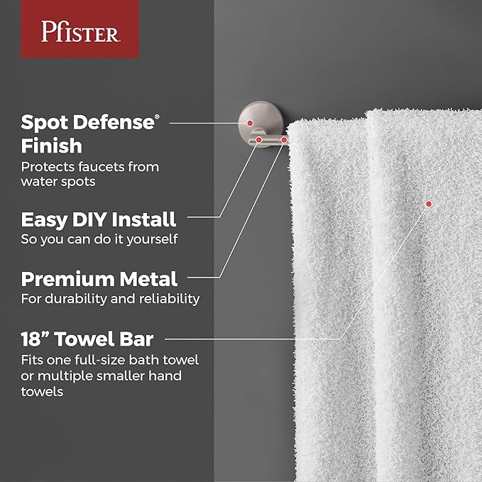 Pfister Vedra Bath Towel Bar for Bathroom, 18-Inch, Wall-Mounted, Screw-in, Spot Defense Brushed Nickel Finish, BTBVED1GS