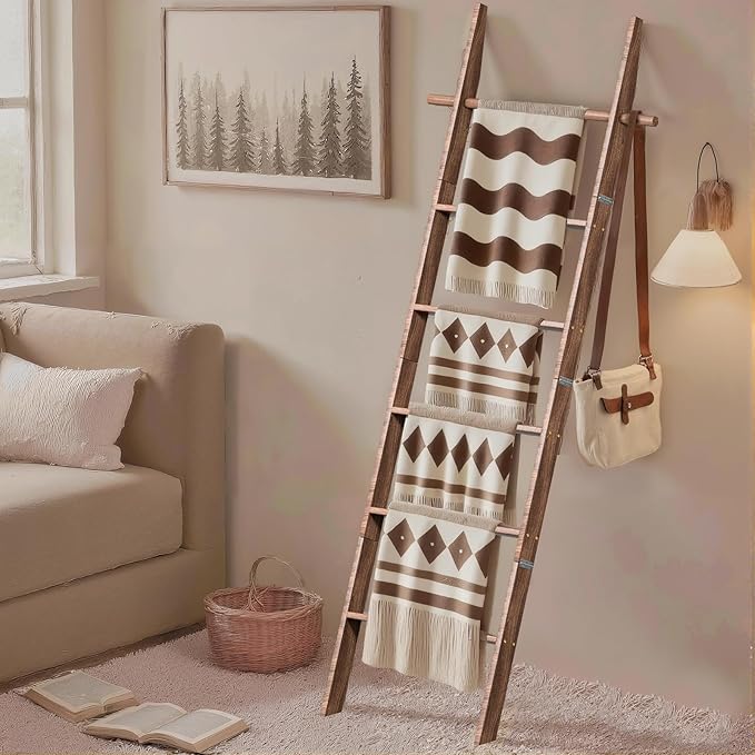 Farmhouse Wooden Blanket Ladder with Removable Hooks, 6-Tier Rustic Blanket Rack Decorative Stand, Leaning Towel Quilt Rack Holder for Bathroom Living Room Decor Brown