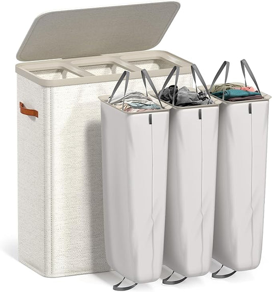 Sorbus Laundry Hamper with Lid - Collapsible 3-Compartment Fabric Laundry Basket with Handles and Removable Laundry Bag – 50 Gallon (190 L) Dirty Clothes Hamper for Bedroom, bathroom and dorm (Beige)