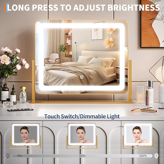 19.6 in x15.7 in Vanity Mirror with Lights, Large Lighted Mirror, LED Makeup Mirror with 3-Color Dimmable Modes and Smart Touch Control, Perfect for Desk or Bedroom, Vanity Desk Tabletop Makeup, Gold