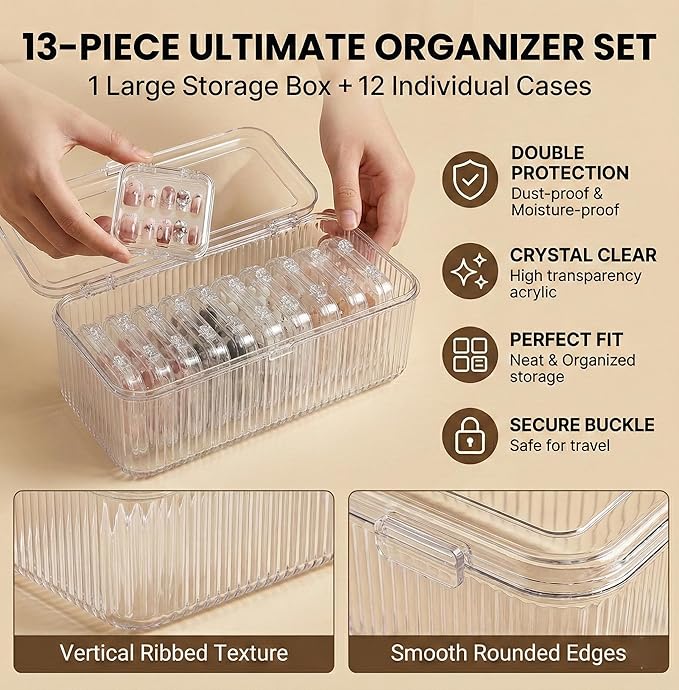 Press On Nail Organizer 12pcs 3.3in Nail Case And 1 Big Acrylic Storage Box For Packaging Clear Display Box Fake Nail Organizer With Double Sided Adhesive Tabs Nail Display Nail Salon