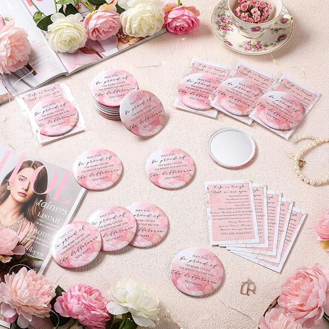 Cinnvoice 50 Sets Pink Inspirational Mini Compact Mirror Bulk for Women Small Portable Round Purse Mirrors Employee Appreciation Gift for Graduation Party Favors Coworker Nurse (May You)