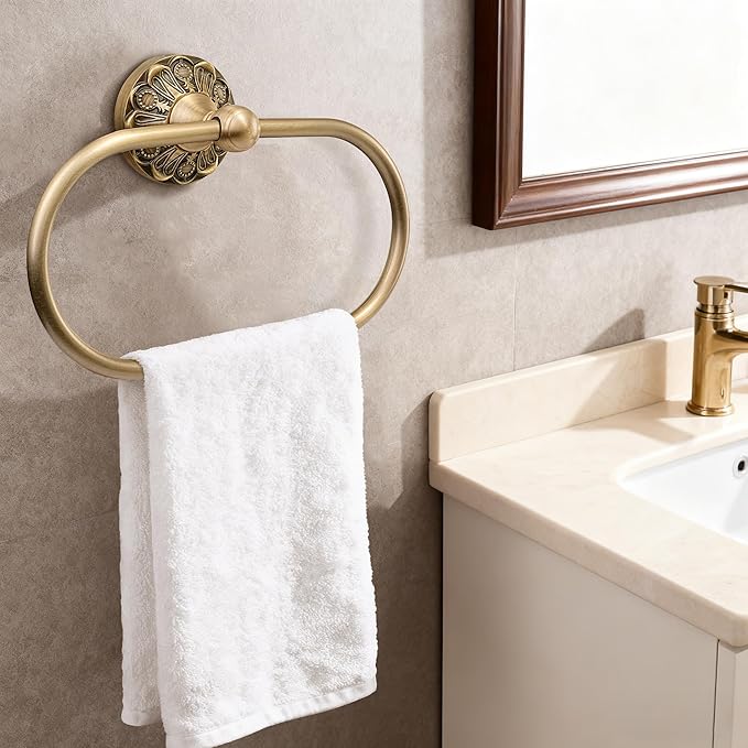 Brass Bathroom Hand Towel Holder, Antique Brass Towel Ring Holder, Vintage Wall Mounted Oval Towel Rack Hanger Home Half Round Bathroom Hardware Accessory