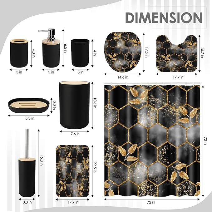 Honeycomb Marble Black Bathroom Decor and Accessories Set, Shower Curtain and Rug Set with Trash Can, Soap Dispenser, Soap Dish, Toothbrush Holder, Toothbrush Cup, Toilet Brush