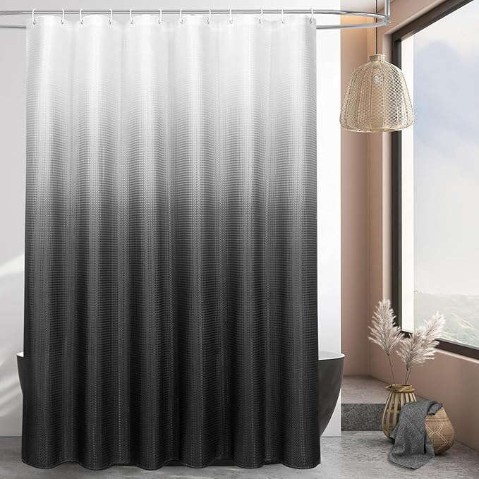 MitoVilla Black White Shower Curtain 72 x 78, Long Waffle Fabric Shower Curtains for Modern Luxury Bathroom Decor, Heavy Duty Hotel Cloth Shower Curtains 78 inch Long, Black Ombre