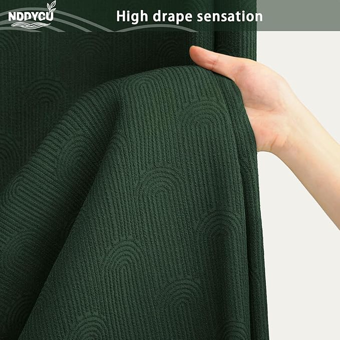 Dark Green Shower Curtain Boho Cotton Texture Mid Century Minimalist Arch Shower Curtain for Bathroom,72" W X 78" L