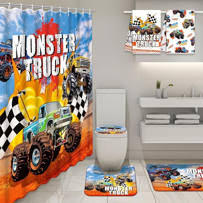 Nuanchu 6 Pcs Shower Curtain Set with Rug Monster Truck Bathroom Sets with Shower Curtain Bath Mat U Shaped Mat Toilet Lid Cover 2 Bath Towels and 12 Hooks Monster Truck Bathroom Decor