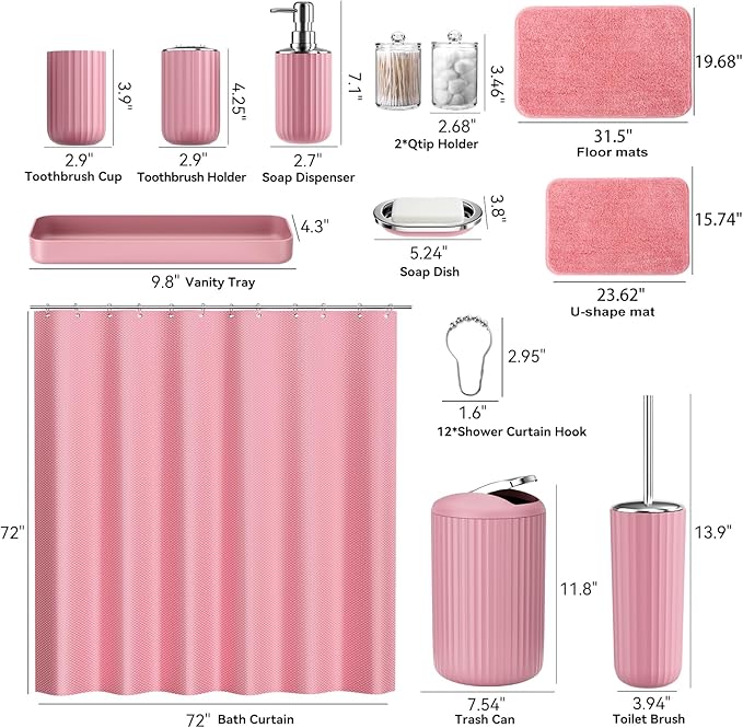 XLHOMO 24 PCS Pink Bathroom Accessories Set with Shower Curtain and Rugs, Bathroom Sets with Extra Soft and Absorbent Bath Rugs Shower Curtain Pink Bathroom Sets for Bath