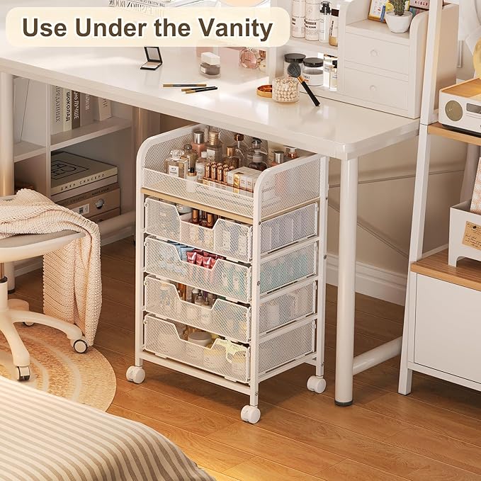 Makeup Cart Organizer with 4 Drawers, Large Floor Skincare Organizers, Vanity Storage Organizer Cosmetics Display Cases for Skin Care Perfume Nail Polish, White