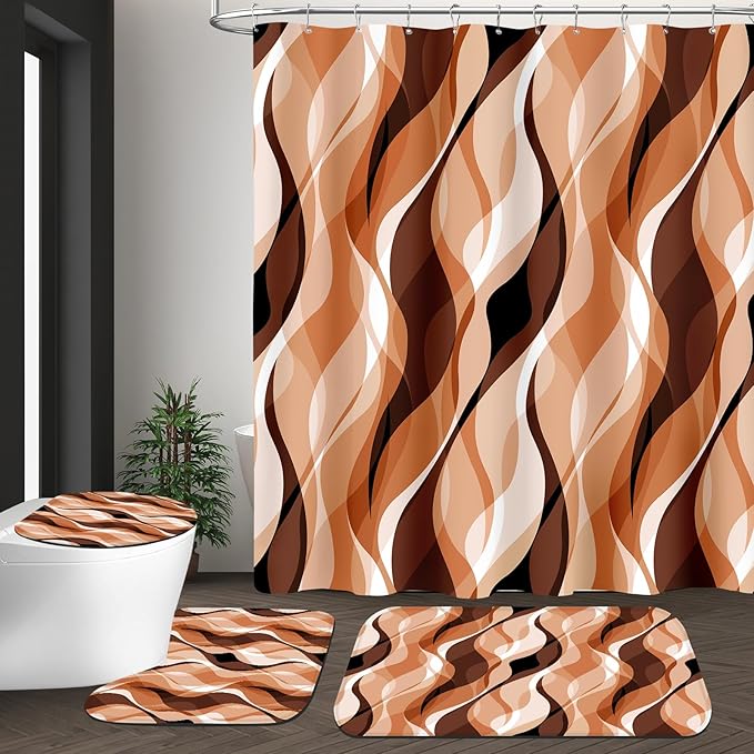 4PCS Orange Abstract Shower Curtain Sets with Rugs, Striped Bathroom Sets with Shower Curtain and Rugs, Modern Bathroom Curtains Shower Set with Toilet Lid Cover for Luxury Bathroom Decor