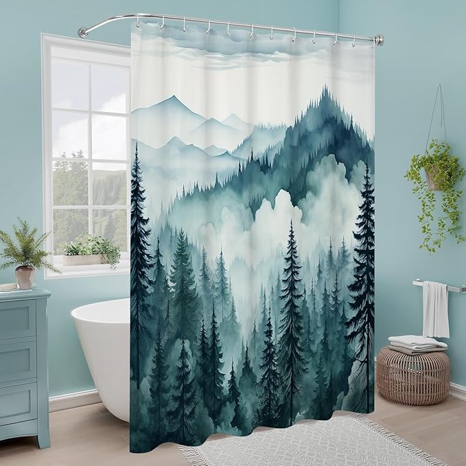 Peacock Blue Misty Pine Forest Shower Curtain, Mountain Foggy Woodland Scenery Tree Shower Curtains for Chic Rustic Bathroom, Abstract Modern Waterproof Nature-Themed Decor, 72x72 Inches