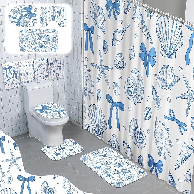 Tatuo 8 Pcs Beach Shower Curtain Set Blue Bow Ocean Bathroom Accessories Sets Coquette Starfish Coastal Waterproof Shower Curtain with Towels Carpet Bath Mat Toilet Rug 12 Hooks for Summer Beach Party