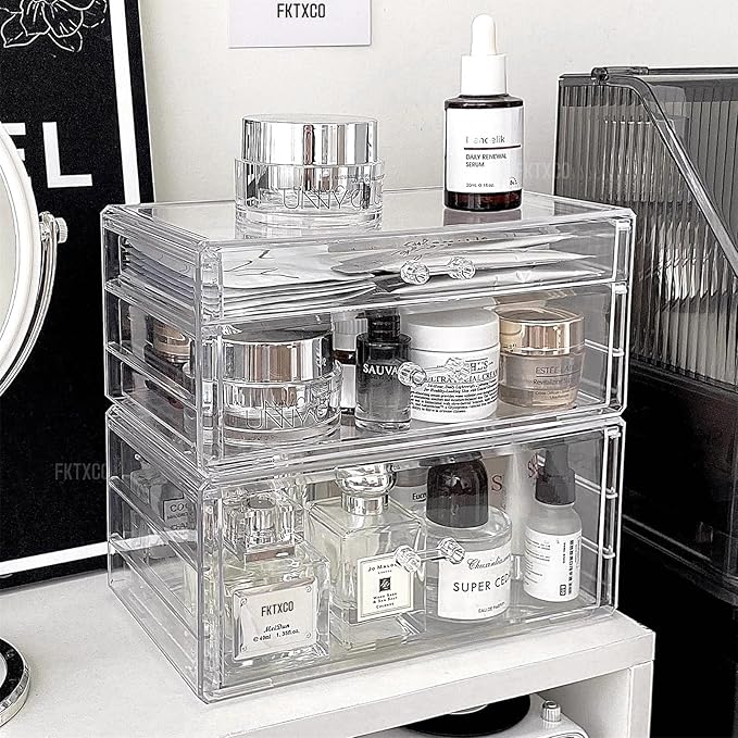 Clear Stackable Makeup Storage Organizer Drawer, Acrylic Plastic Organizers Bins, Vanity Countertop Containers, Cosmetic Holder Display Case for Vanity, Bathroom,Cabinet,Desk Organization