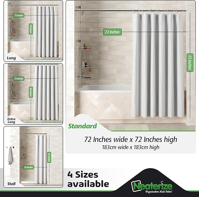 NEATERIZE Shower Curtain White - Hotel Style Shower Curtains for Bathroom with Waffle Design, 72x72 Inches - White Fabric Shower Curtain - Cortinas de Baño Elegantes