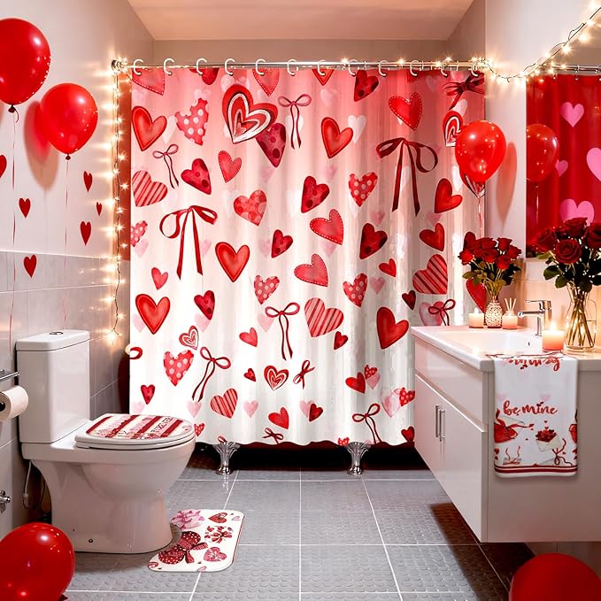 FuWeave 8 Pcs Valentines Shower Curtain Set Red Conversation Hearts Sweet Romantic Bathroom Decor Valentines Day Waterproof Shower Curtain Towels Non Slip Rug Toilet Lid Cover Bath Mat with 12 Hooks