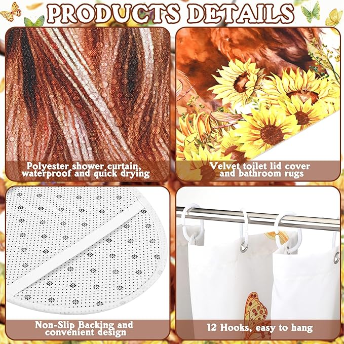 FuWeave 8 Pcs Highland Cow Shower Curtain Sets for Bathroom Sunflower Farm Cattle Shower Curtain Sets Watercolor Floral Bathroom Accessories with Towels Carpet Bath Mat Toilet Rugs and 12 Hooks