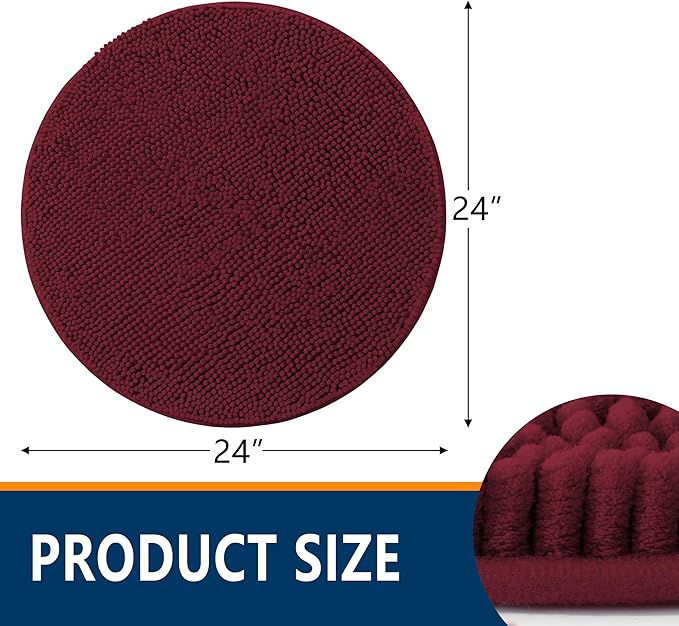 Smiry Luxury Chenille Round 24x24, Extra Soft and Absorbent Shaggy Bathroom Mat Rugs, Machine Washable, Non-Slip Plush Carpet for Tub, Shower, and Bath Room, Burgundy