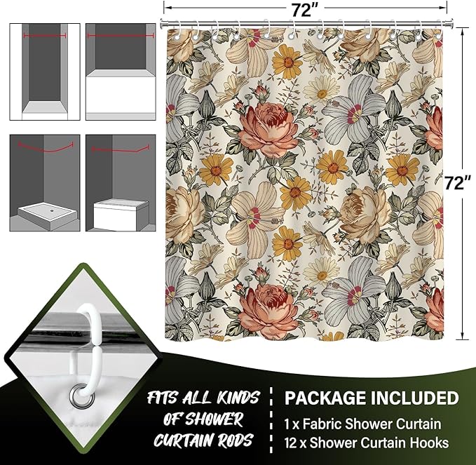 Vintage Watercolor Floral Shower Curtain for Bathroom,Boho Botanical Wildflower Shower Curtains,Funny Waterproof Polyester Cottagecore and Farmhouse Bathroom Decor,72x72 Inch