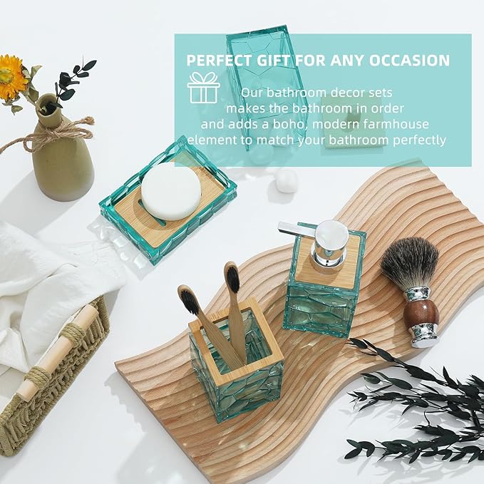 GAHEFY Teal Blue Beach Bathroom Accessories Set, Toothbrush Holder, Soap Dispenser, Cotton Swabs Holder, Soap Dish, Toilet Brush with Holder, Boho Bamboo Bathroom Decor,Acrylic (Teal)