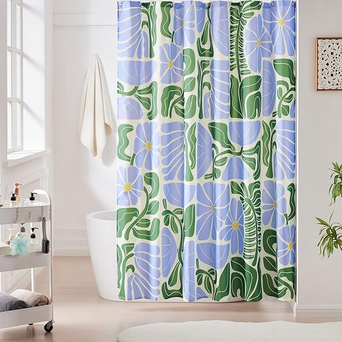 Mid Century Modern Abstract Geometric Colorful Boho Shower Curtains for Bathroom, Cute Blue and Green Floral Retro Bathroom Shower Curtain, Waterproof Vintage Bath Curtain 72''x72''