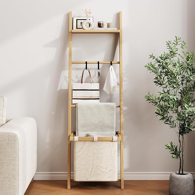 63" Bamboo Blanket Ladder with Shelf, Fabric Basket and 5 Hooks, 4 Tier Leaning Blanket Rack, Farmhouse Towel Ladder Rack, Decorative Quilt Rack Holder for Living Room Bedroom Bathroom, Natural Wood