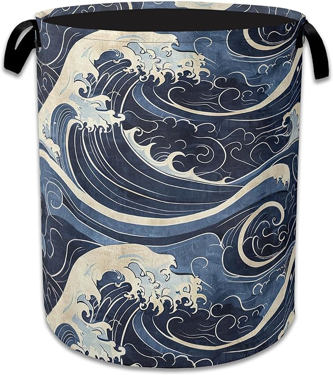 Vintage Sea Waves Large Storage Basket Collapsible Laundry Basket Oxford Storage Bin for Toy Bins Gift Baskets Bedroom Clothes Children Nursery Hamper 16" X 20.8"