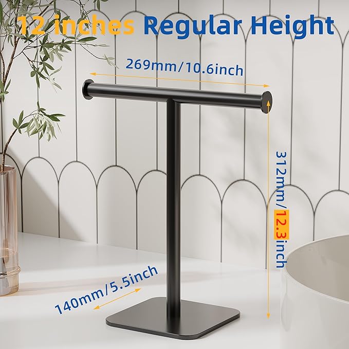 RUACQ T-Shape Hand Towel Holder Stand, 12inch Weighted Base Towel Rack, Countertop Towel Holder for Bathroom, 304 Stainless Steel, Heavy Duty (Matte Black)