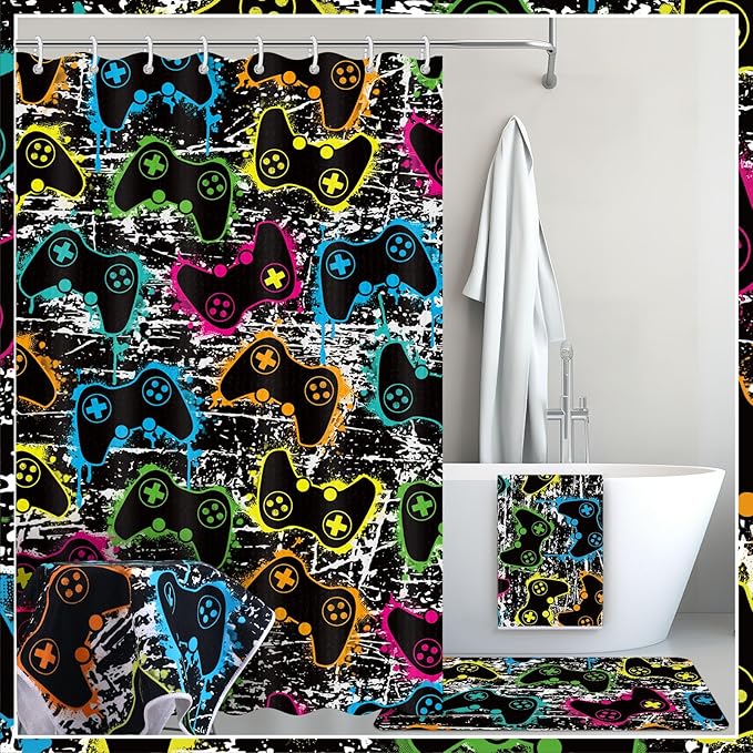 Nuanchu 6 Pcs Game Shower Curtain Set with Rug Bathroom Sets with Shower Curtain Bath Mat U Shaped Mat Toilet Lid Cover 2 Bath Towels and 12 Hooks Game Bathroom Decor