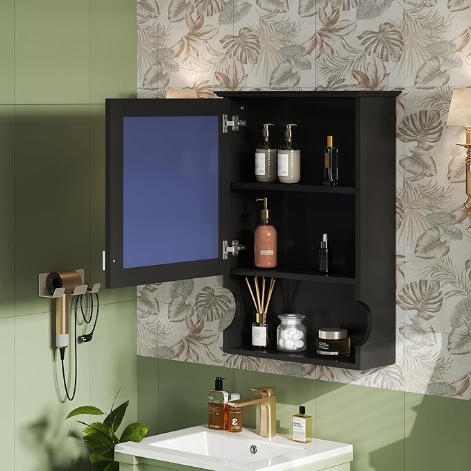 Merax Bathroom Wall Cabinet with Mirror, Wall Mounted Medicine Cabinet with Adjustable Shelves and Open Space, 20" x 28" Mirrored Door Over The Toilet Bathroom Storage Cabinet