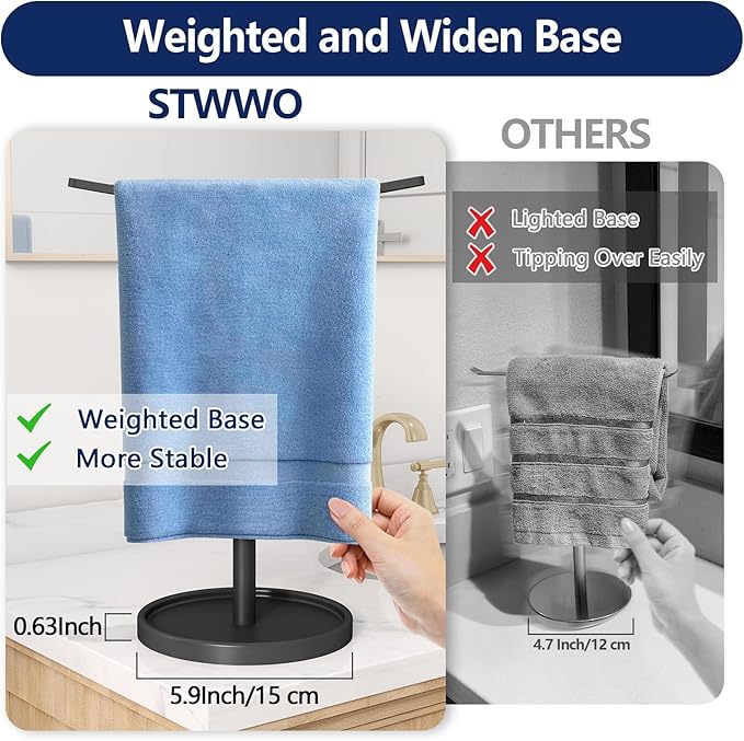 STWWO Hand Towel Holder, Stainless Steel Towel Holder Stand for Bathroom, Kitchen Countertop, T-Shaped Hand Towel Rack Stand, Black