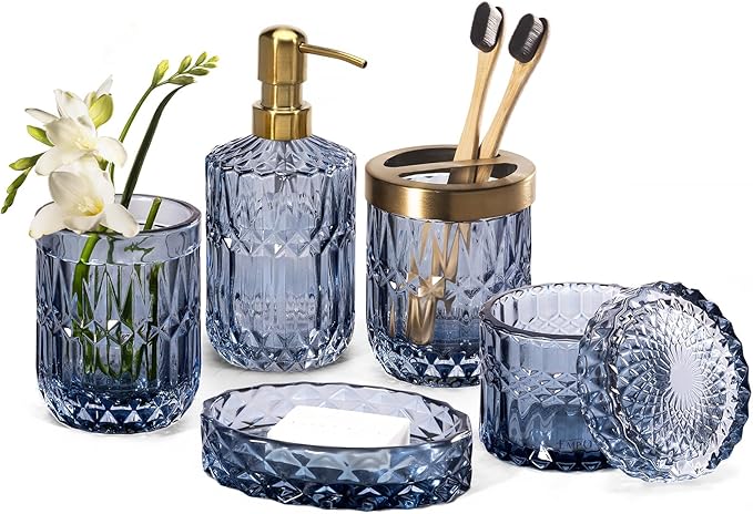 EMPO 6PCS Bathroom Clear Glass Accessories Set (Lotion Soap Dispenser, Soap Dish, Toothbrush Holder, Tumbler, Cotton Swab Jar), Contemporary Modern Decor Crystal Vintage Gift (6pcs Blue)