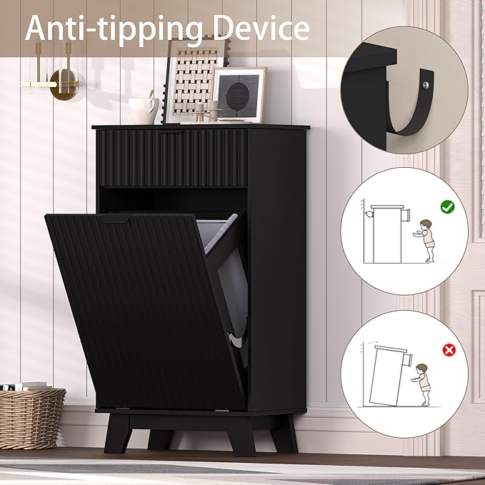 Wodeer Tilt Out Laundry Hamper Cabinet with Storage and Drawer, 10 Gallon Fluted Hidden Trash Can Cabinet, Farmhouse Wood Laundry Basket Cabinets for Bathroom, Kitchen, Black