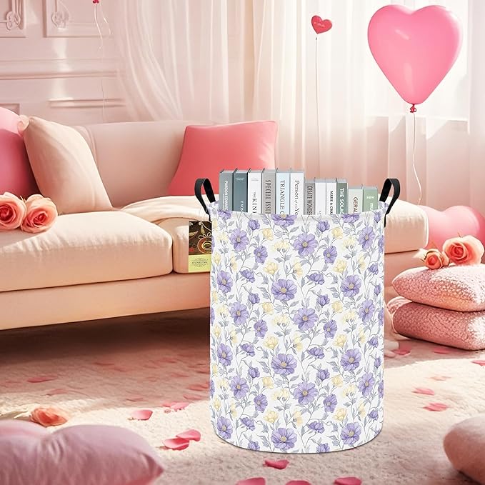 HUNRUNG Laundry Hamper,Large Canvas Fabric Lightweight Storage Basket Toy Organizer Dirty Clothes Collapsible Waterproof for College Dorms???Round-Purple Flowers???