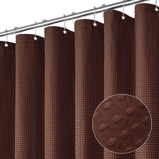 MitoVilla Brown Waffle Small Stall Shower Curtain 36 x 72, Half Size Fabric Narrow Shower Curtains for Bathroom Decor, 36 inch Weighted Shower Curtain Set with Plastic Hooks