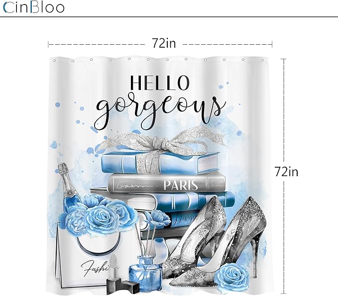 Cinbloo Girly Blue 72Wx72H Shower Curtain Silver Fashion Gray Teal Flower Perfume High Heels Bow Magazine Books Floral Elegant Bathroom Curtain Set Women Girls Bath Bathroom Accessories Decor