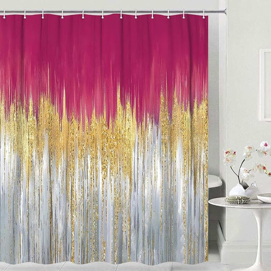 JAWO Pink Abstract Shower Curtain Set - Premium Quality Heavy Pink Gold Modern Farmhouse Vintage Shower Curtain Bohemian Bathroom Decor, Waterproof & Washable Curtains with Hooks