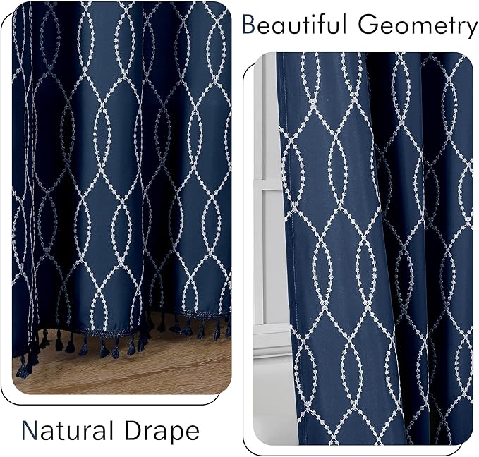 OVZME Navy Blue Shower Curtain for Bathroom, Puff Printed Textured Shower Curtain with Tassels, Rustic Geometry Heavy Duty Vintage Country Bathroom Curtain, Water Resistant Fabric, 72Wx72L Inches